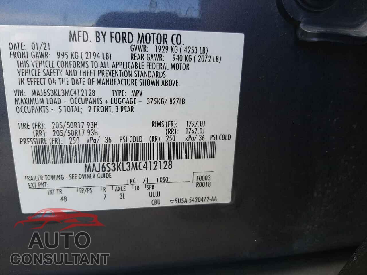 FORD ECOSPORT 2021 - MAJ6S3KL3MC412128
