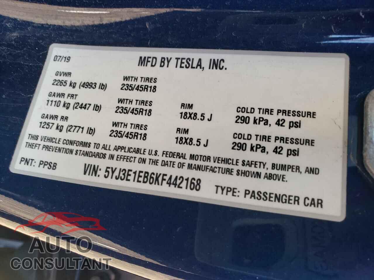 TESLA MODEL 3 2019 - 5YJ3E1EB6KF442168