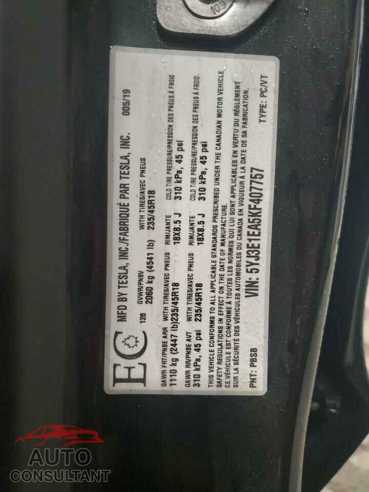 TESLA MODEL 3 2019 - 5YJ3E1EA5KF407757