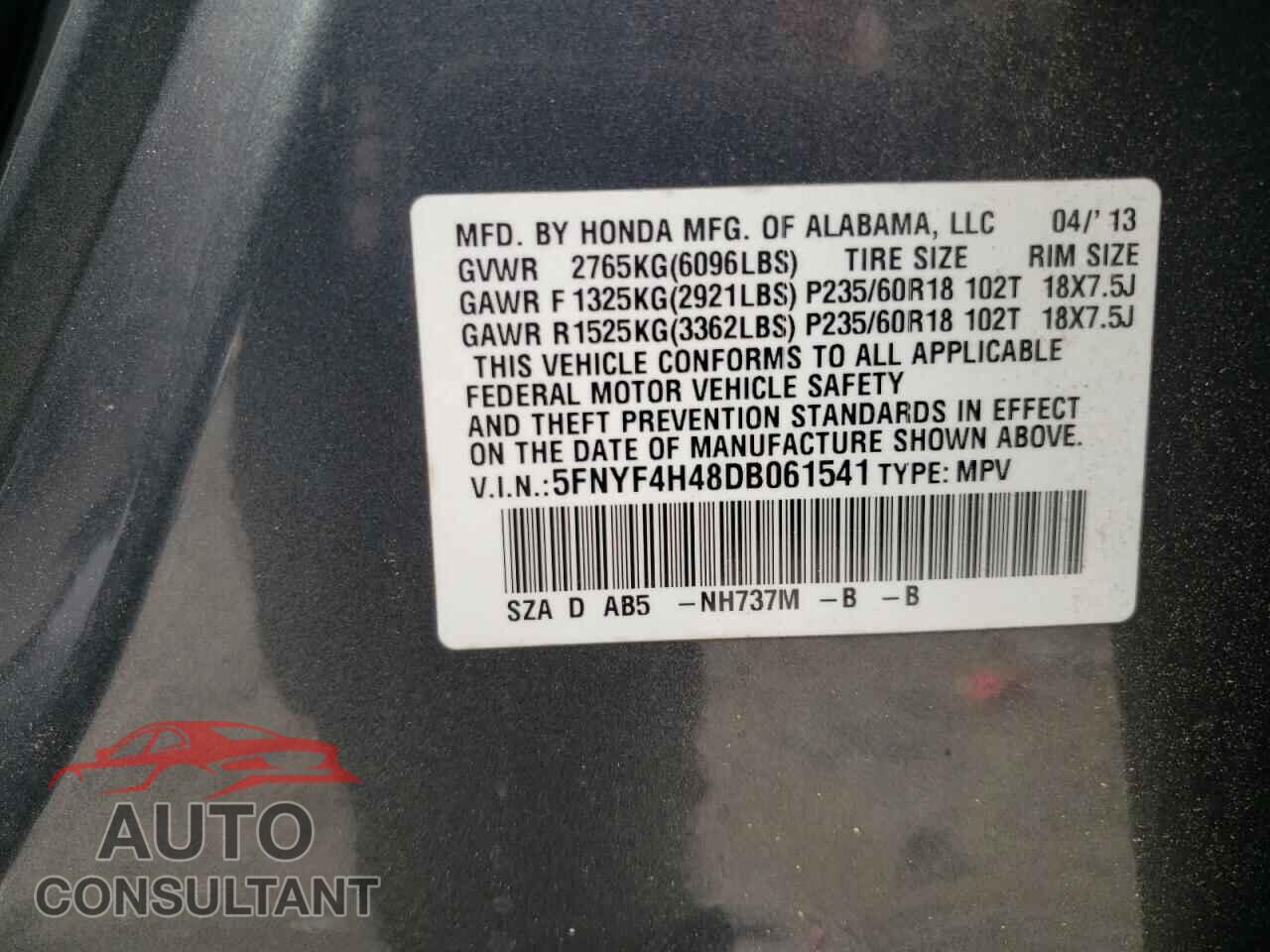 HONDA PILOT 2013 - 5FNYF4H48DB061541