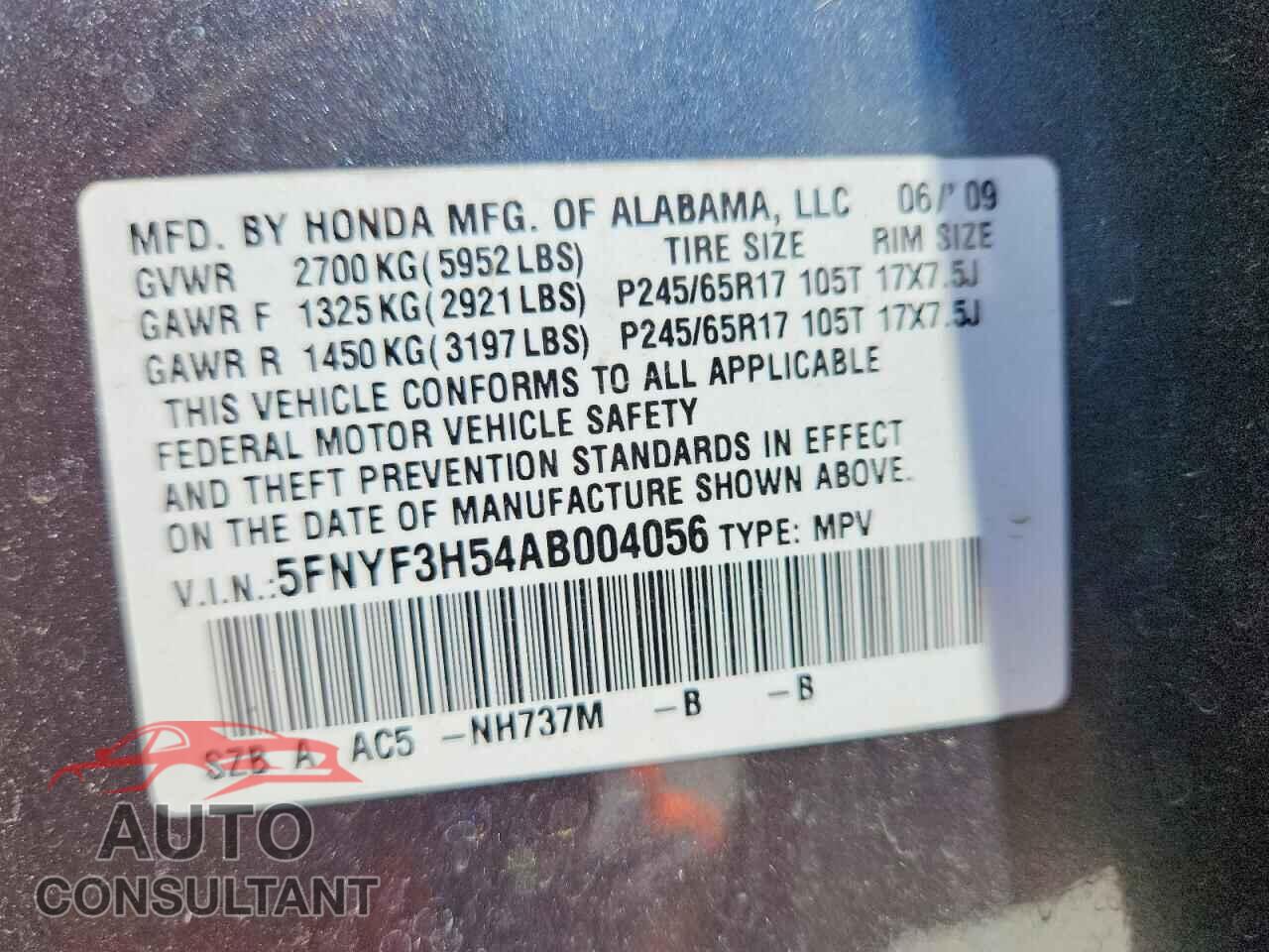 HONDA PILOT 2010 - 5FNYF3H54AB004056