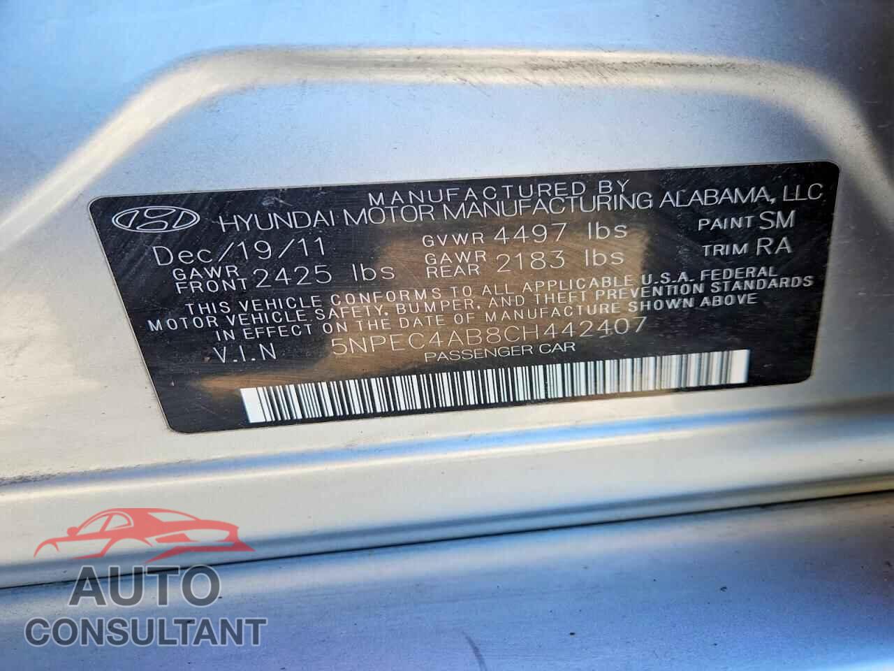HYUNDAI SONATA 2012 - 5NPEC4AB8CH442407