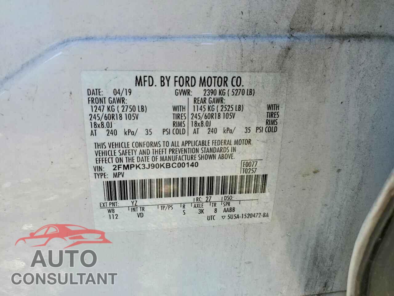 FORD EDGE 2019 - 2FMPK3J90KBC00140