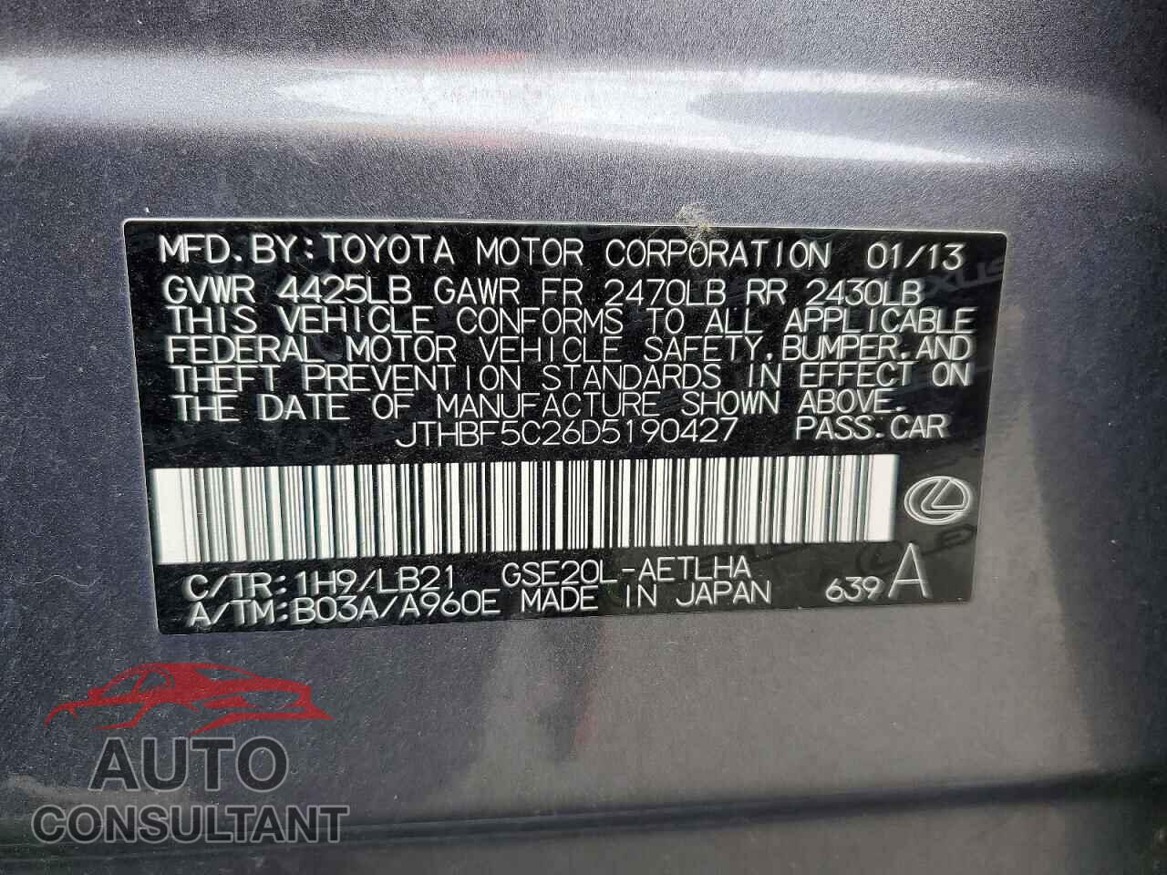 LEXUS IS 2013 - JTHBF5C26D5190427
