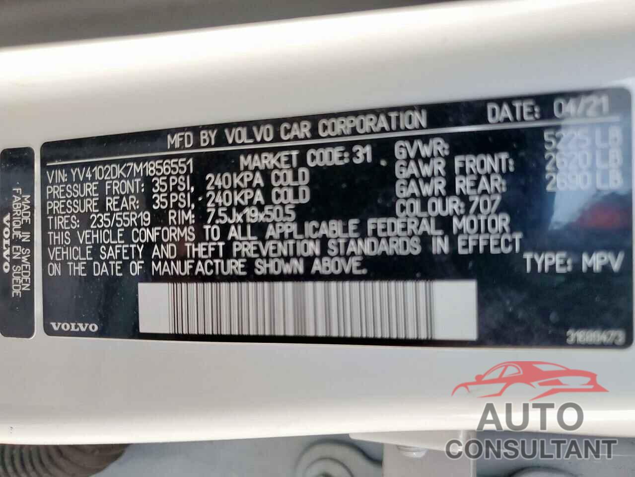 VOLVO XC60 2021 - YV4102DK7M1856551