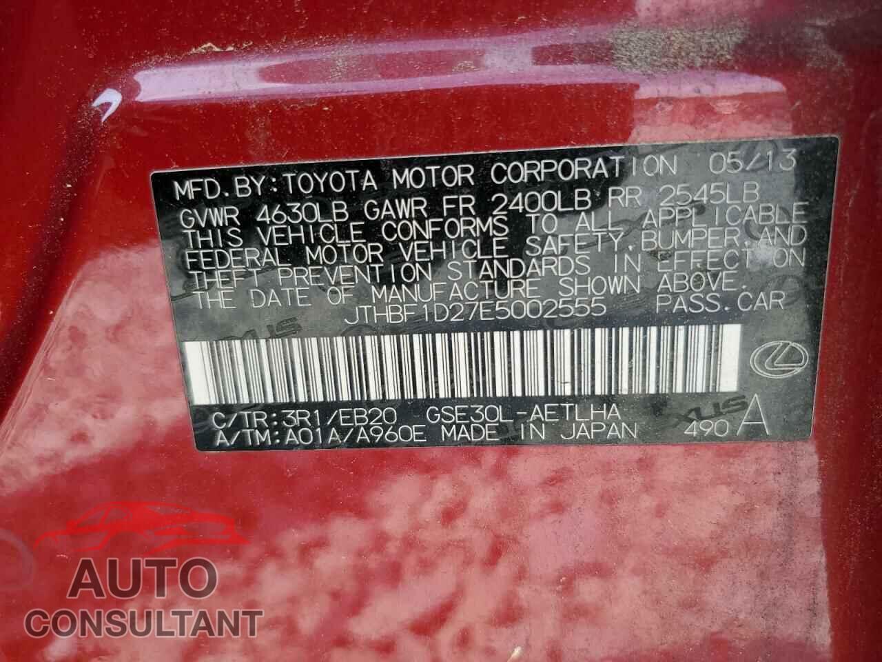 LEXUS IS 2014 - JTHBF1D27E5002555