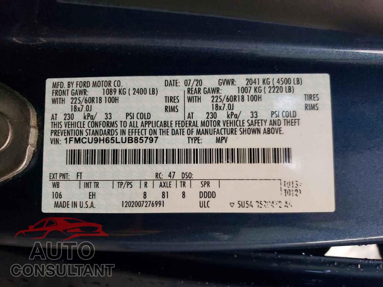 FORD ESCAPE 2020 - 1FMCU9H65LUB85797