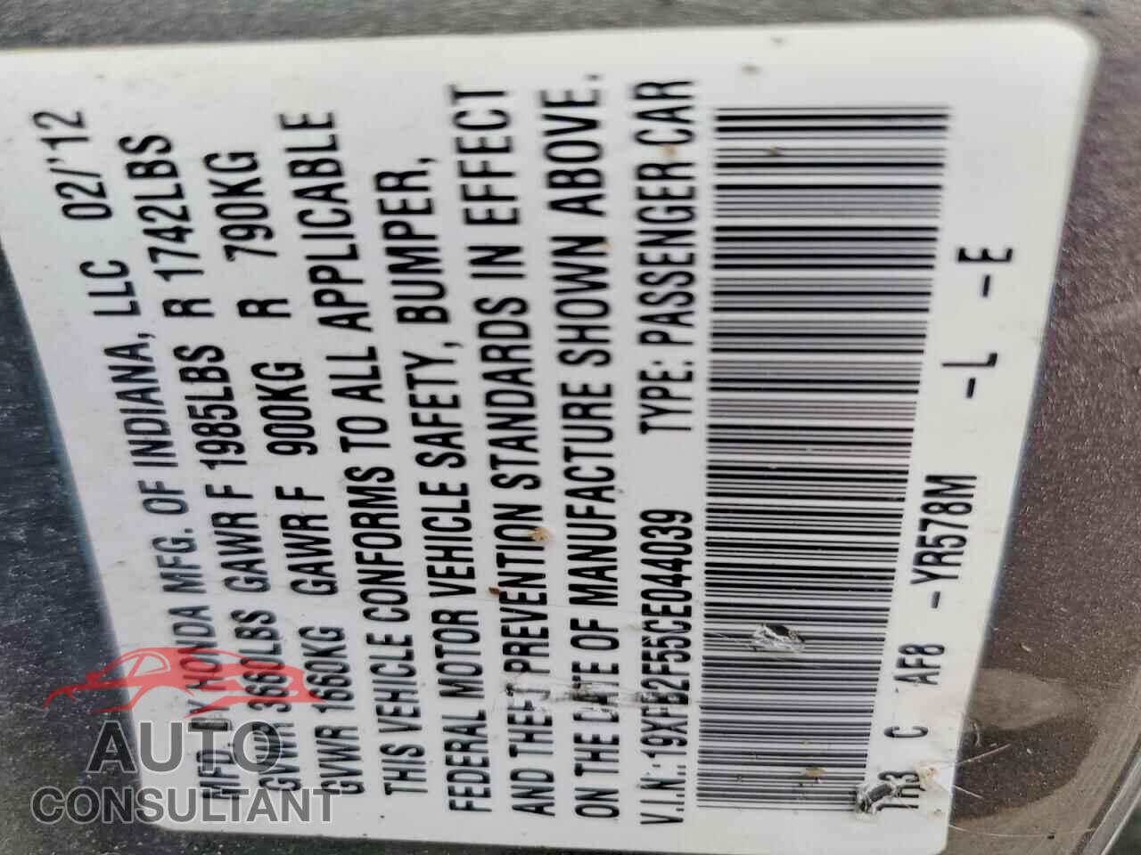 HONDA CIVIC 2012 - 19XFB2F55CE044039