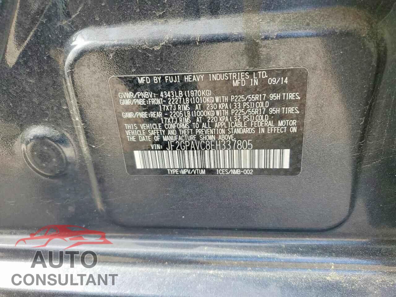 SUBARU XV 2014 - JF2GPAVC8EH337805