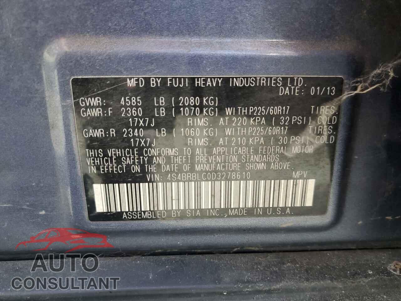 SUBARU OUTBACK 2013 - 4S4BRBLC0D3278610