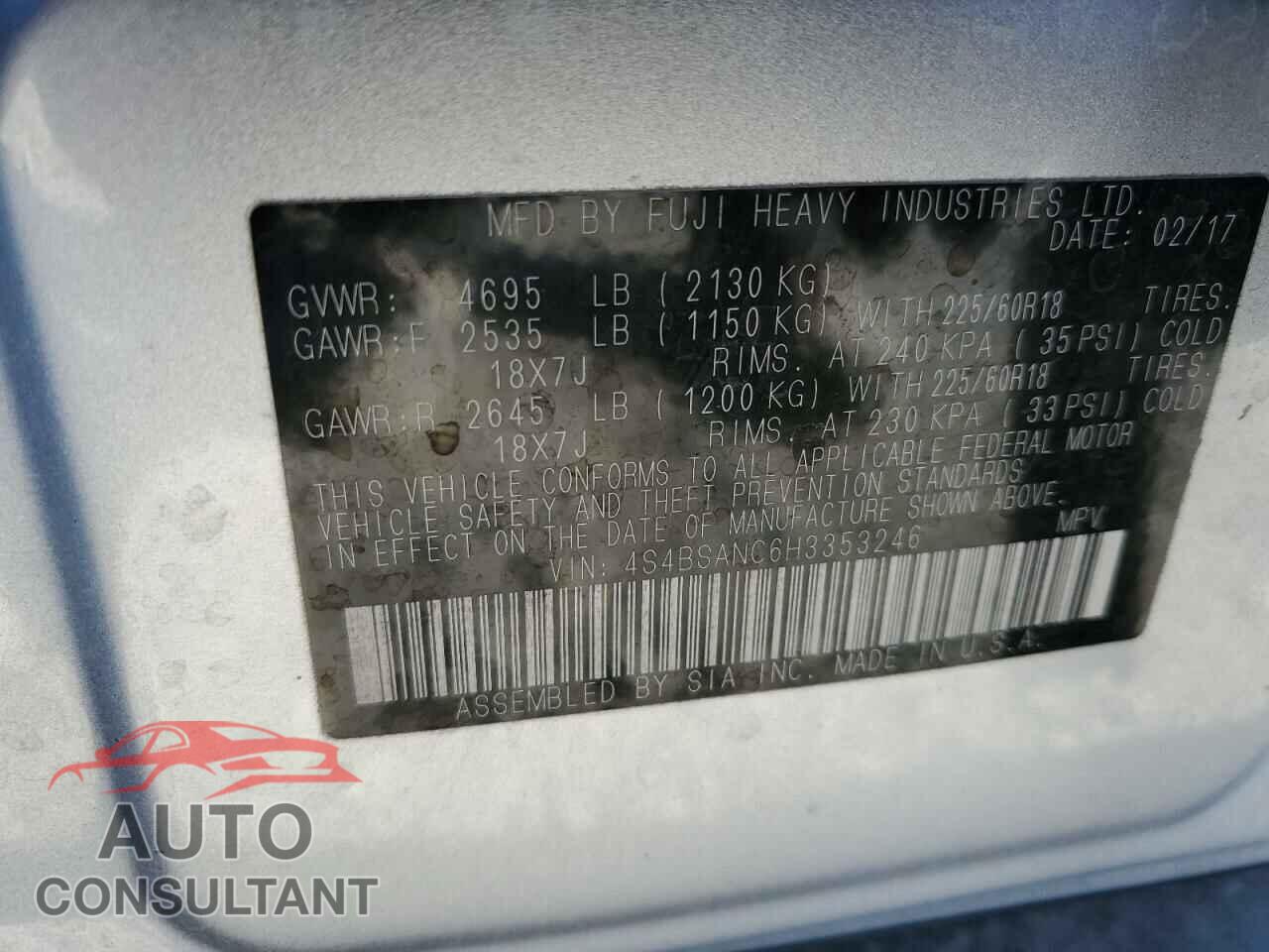 SUBARU OUTBACK 2017 - 4S4BSANC6H3353246