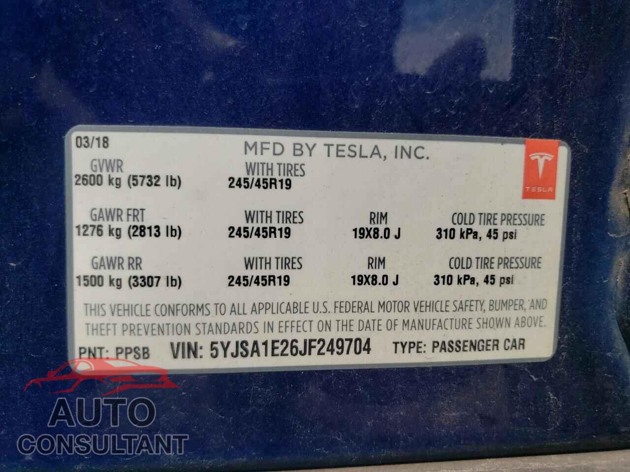 TESLA MODEL S 2018 - 5YJSA1E26JF249704