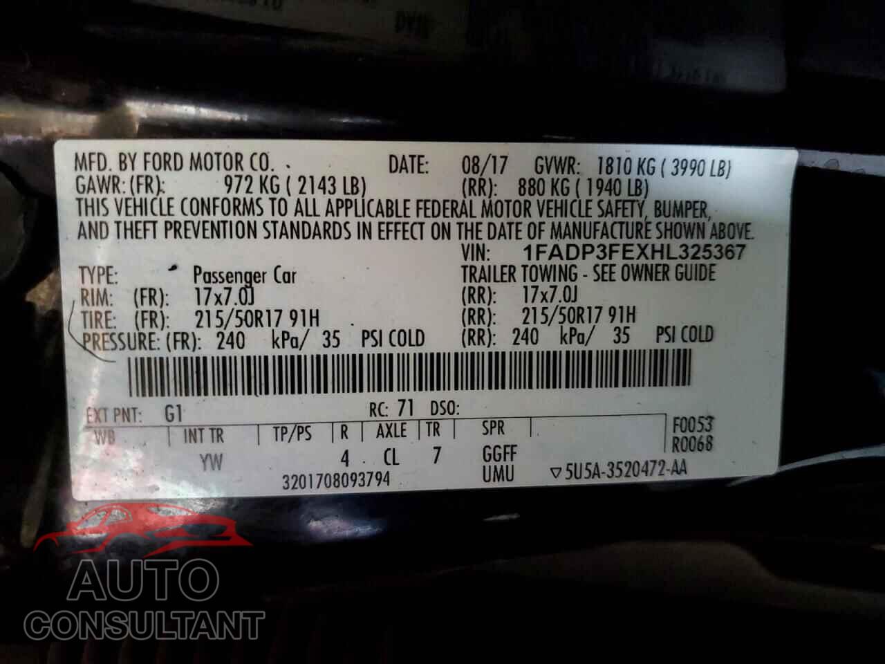 FORD FOCUS 2017 - 1FADP3FEXHL325367