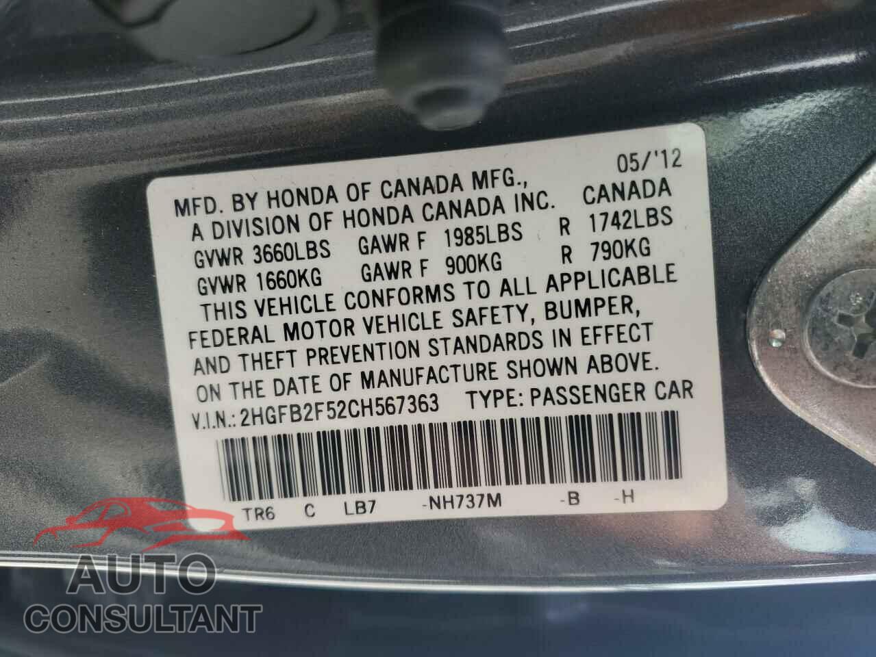 HONDA CIVIC 2012 - 2HGFB2F52CH567363