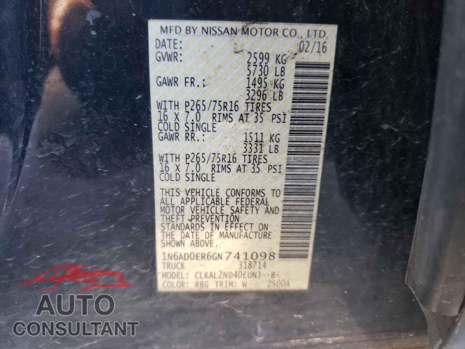 NISSAN FRONTIER 2016 - 1N6AD0ER6GN741098