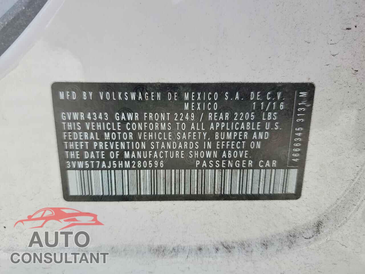 VOLKSWAGEN JETTA 2017 - 3VW5T7AJ5HM280596