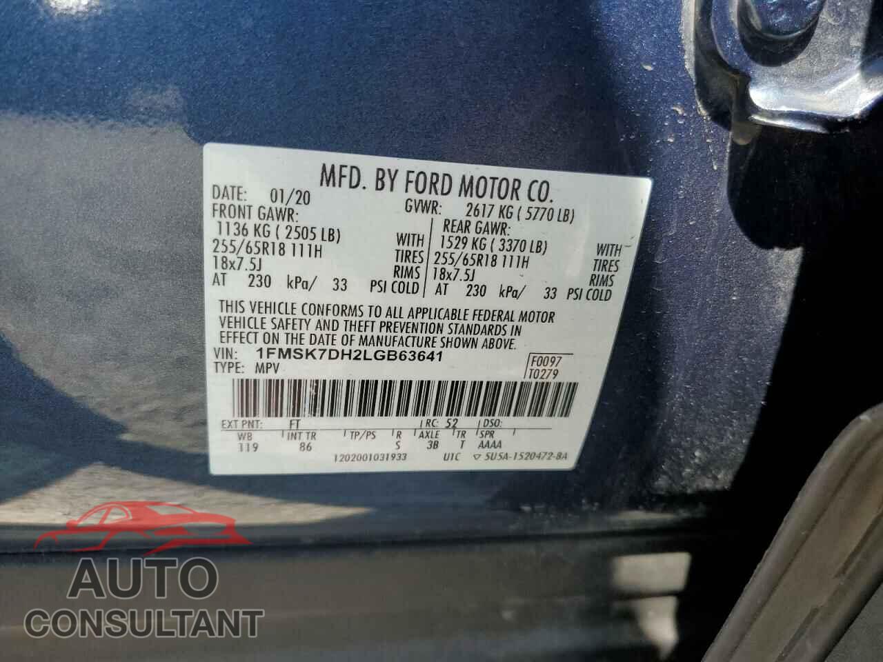 FORD EXPLORER 2020 - 1FMSK7DH2LGB63641
