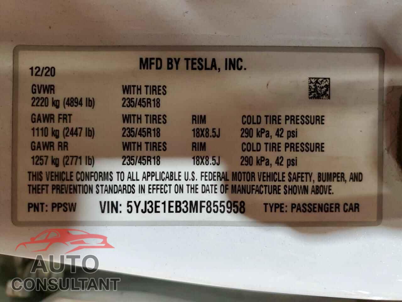 TESLA MODEL 3 2021 - 5YJ3E1EB3MF855958