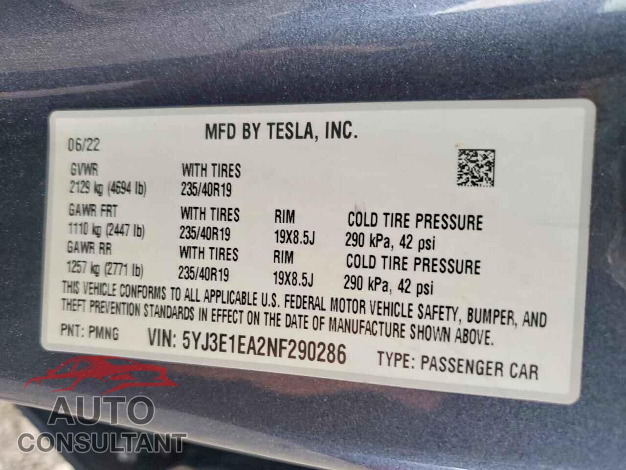 TESLA MODEL 3 2022 - 5YJ3E1EA2NF290286