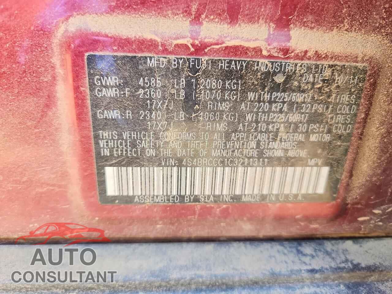SUBARU OUTBACK 2012 - 4S4BRCCC1C3211311