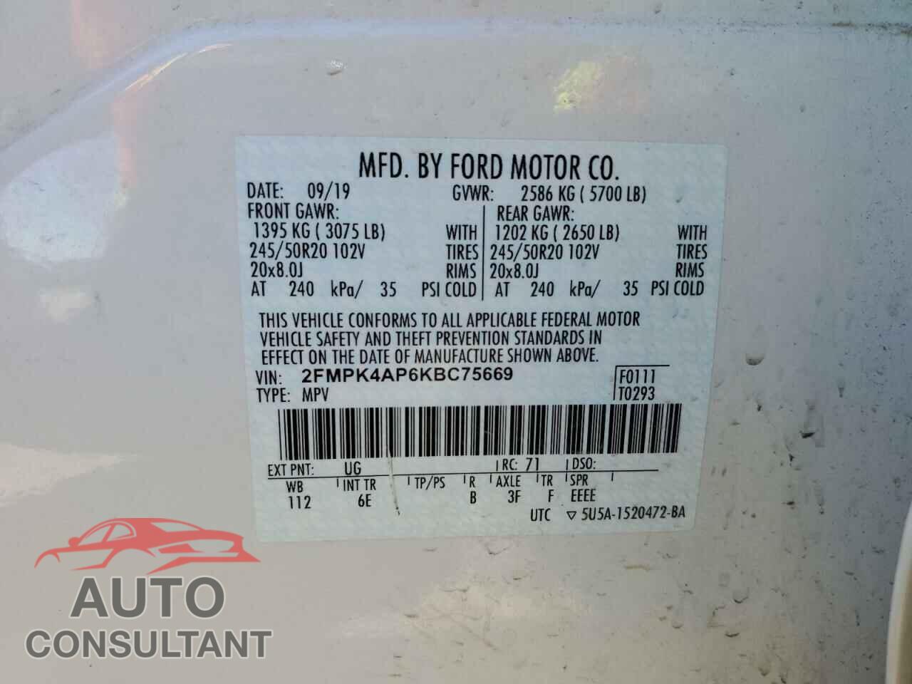 FORD EDGE 2019 - 2FMPK4AP6KBC75669