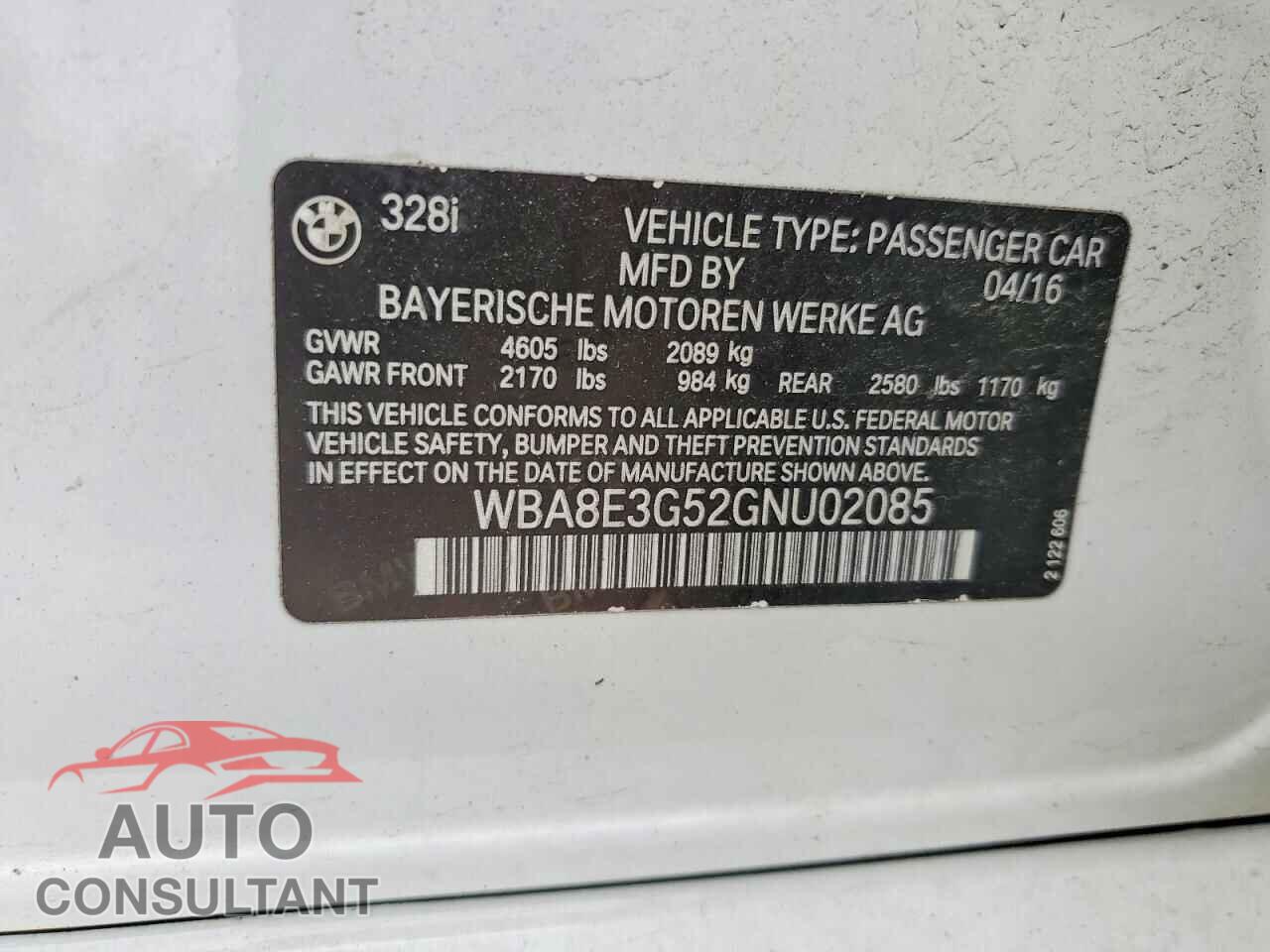 BMW 3 SERIES 2016 - WBA8E3G52GNU02085