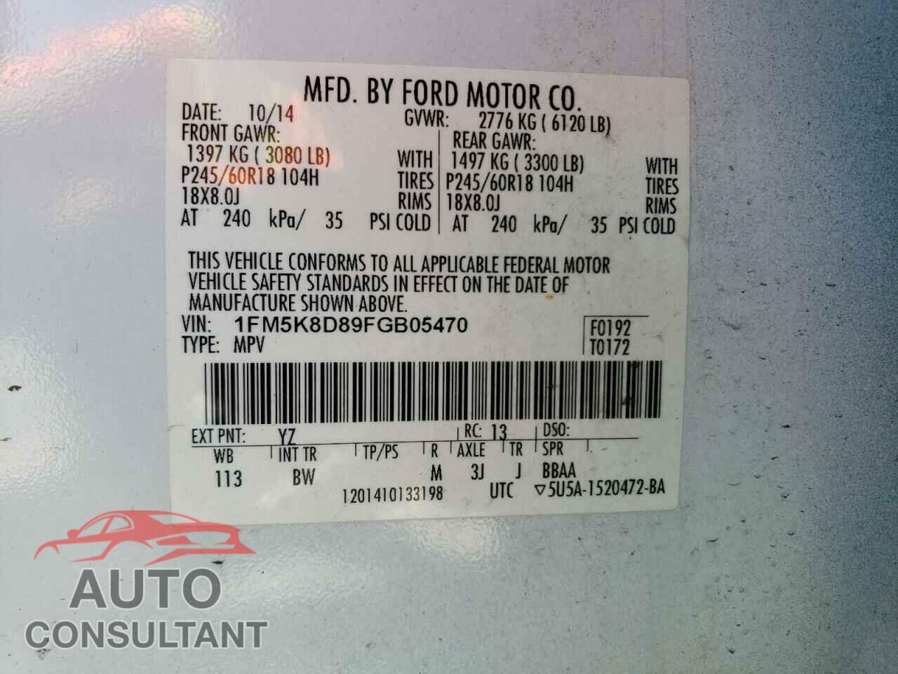 FORD EXPLORER 2015 - 1FM5K8D89FGB05470