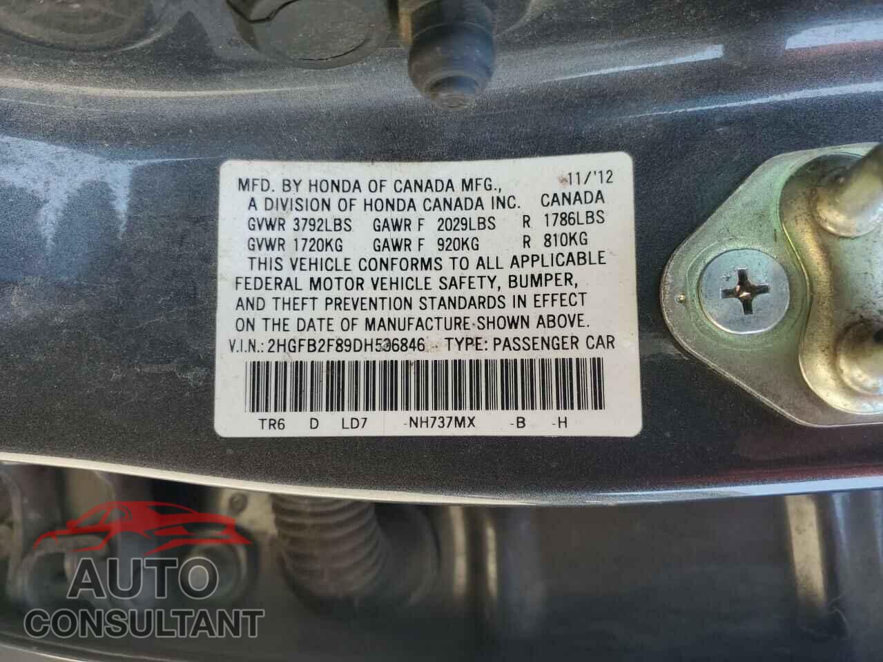 HONDA CIVIC 2013 - 2HGFB2F89DH506846