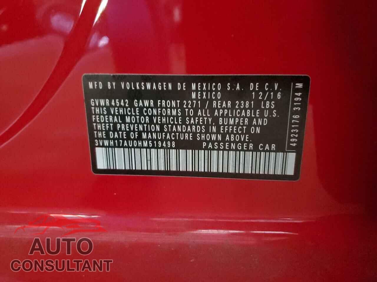 VOLKSWAGEN GOLF 2017 - 3VWH17AU0HM519498