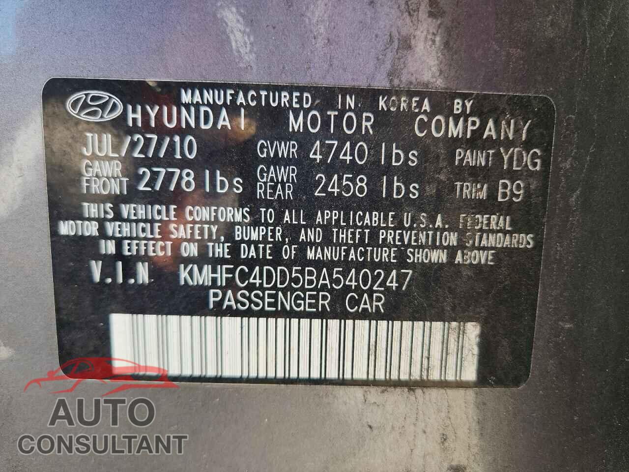 HYUNDAI AZERA 2011 - KMHFC4DD5BA540247