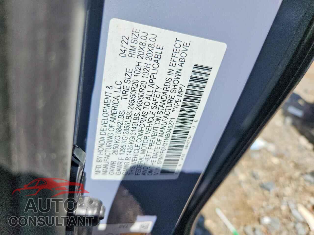 HONDA PILOT 2022 - 5FNYF6H31NB046271