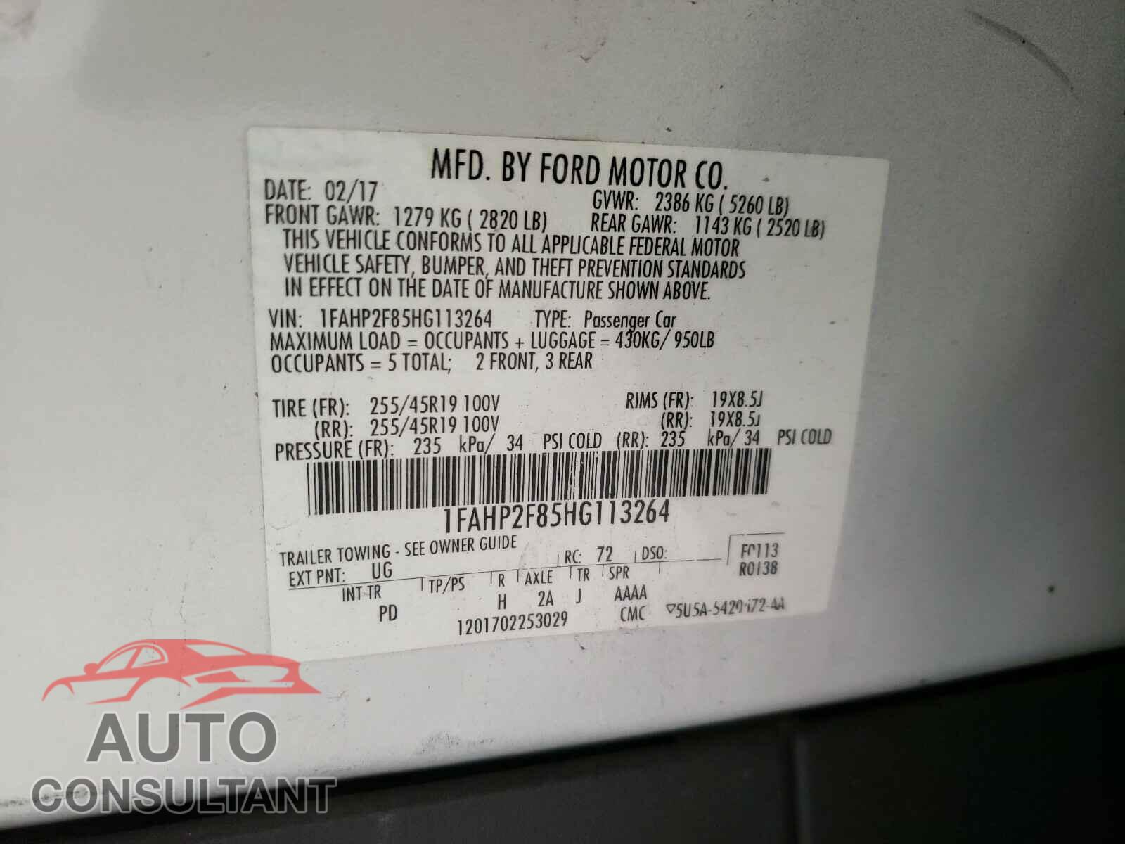 FORD TAURUS 2017 - 1FAHP2F85HG113264