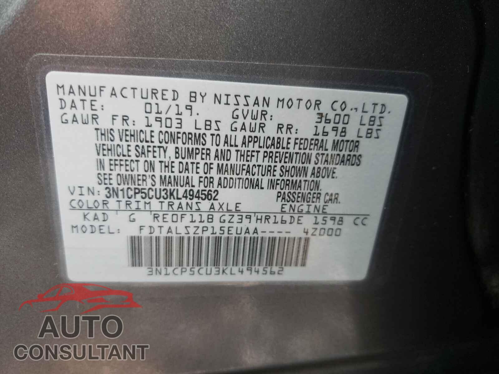 NISSAN KICKS 2019 - 3N1CP5CU3KL494562
