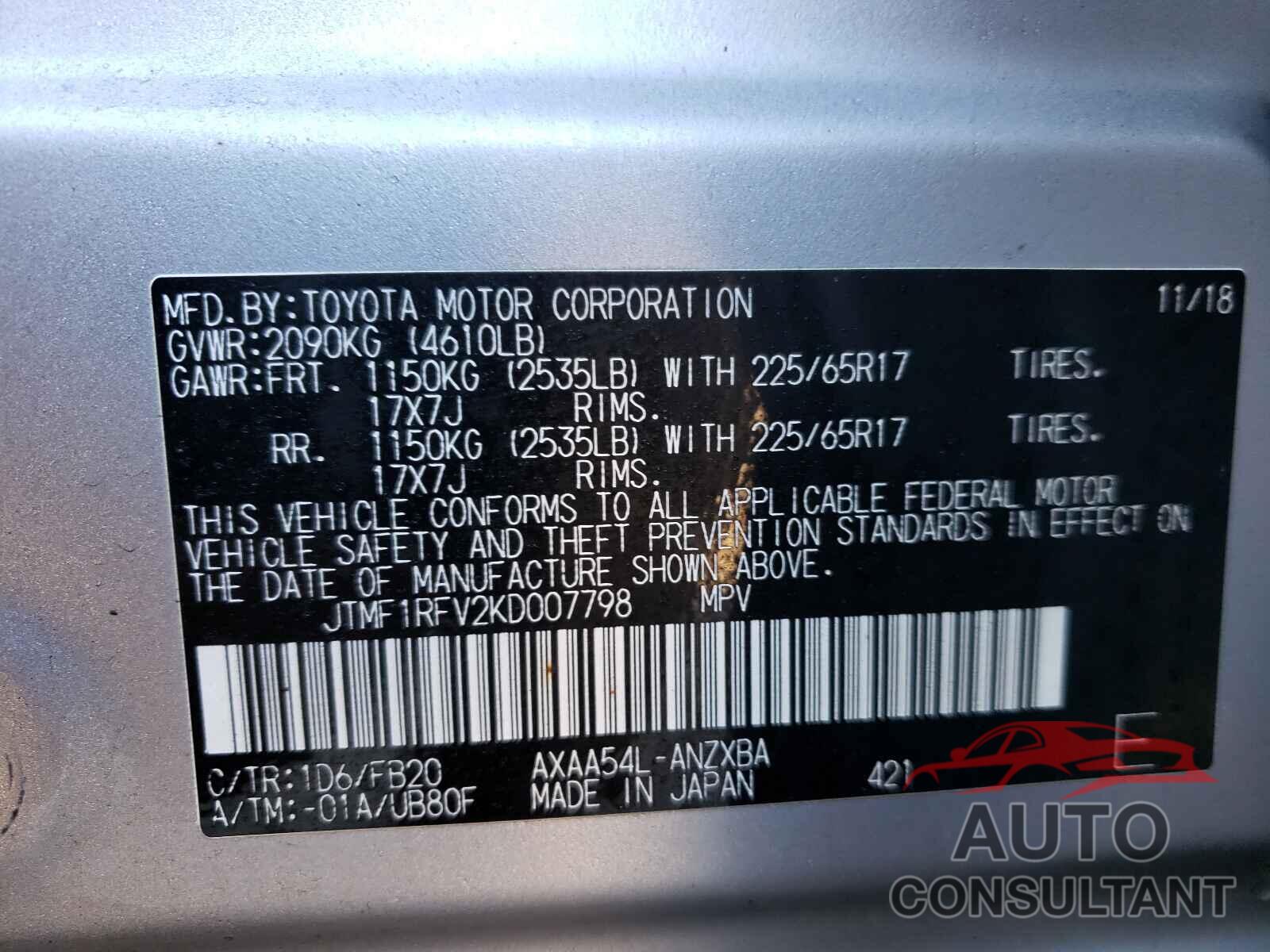 TOYOTA RAV4 2019 - JTMF1RFV2KD007798
