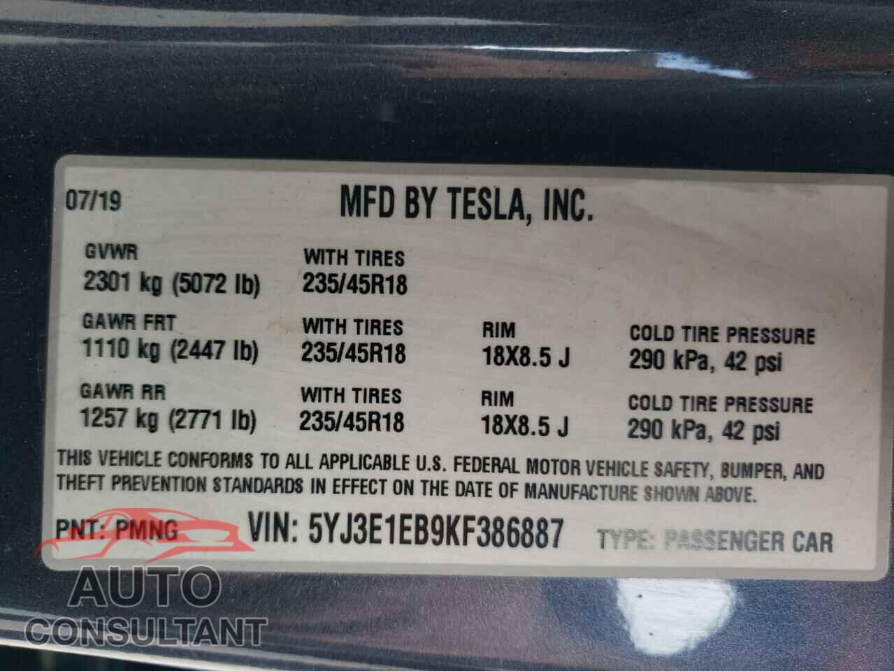 TESLA MODEL 3 2019 - 5YJ3E1EB9KF386887
