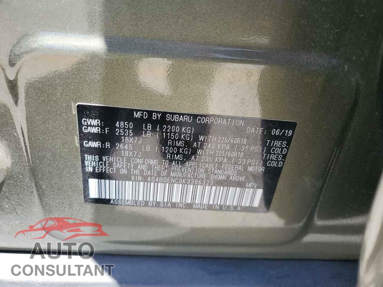 SUBARU OUTBACK 2019 - 4S4BSENC0K3386323