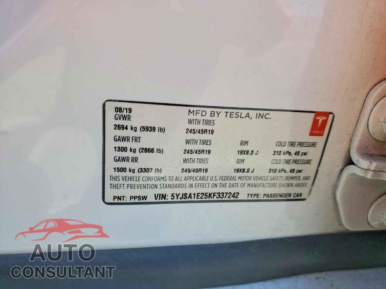 TESLA MODEL S 2019 - 5YJSA1E25KF337242