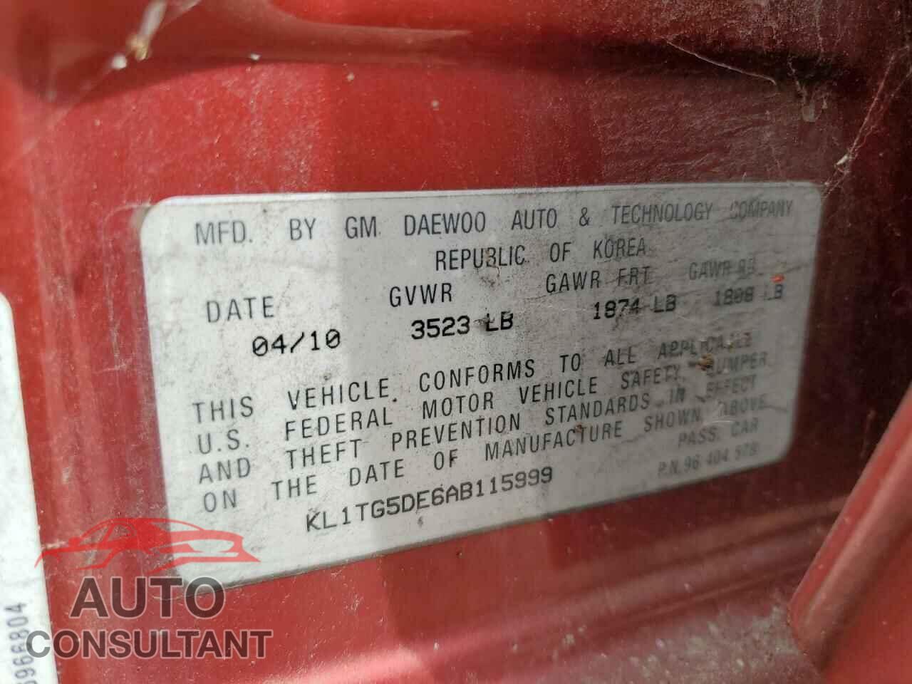CHEVROLET AVEO 2010 - KL1TG5DE6AB115999