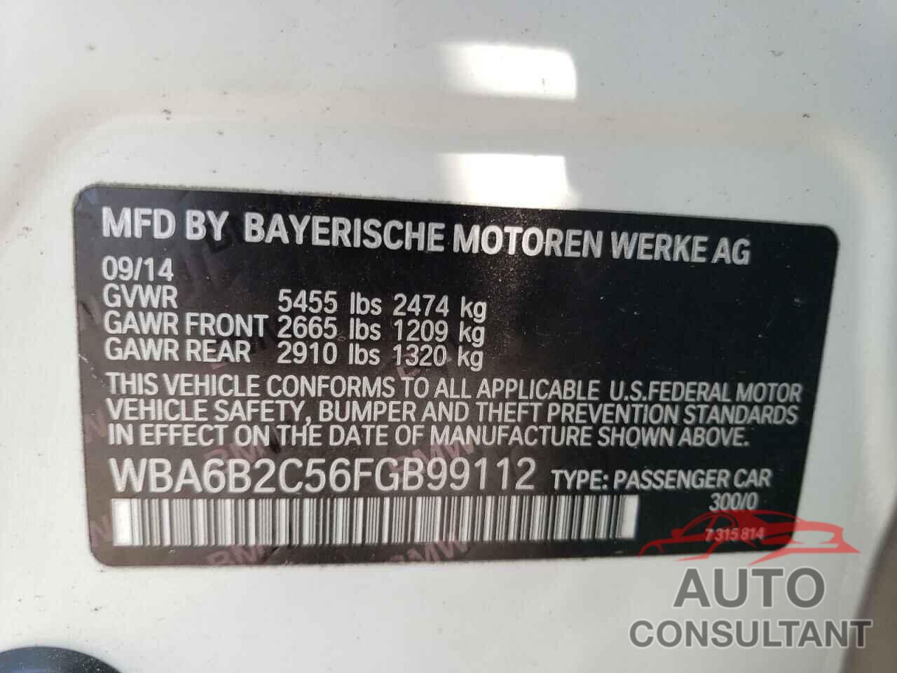 BMW 6 SERIES 2015 - WBA6B2C56FGB99112