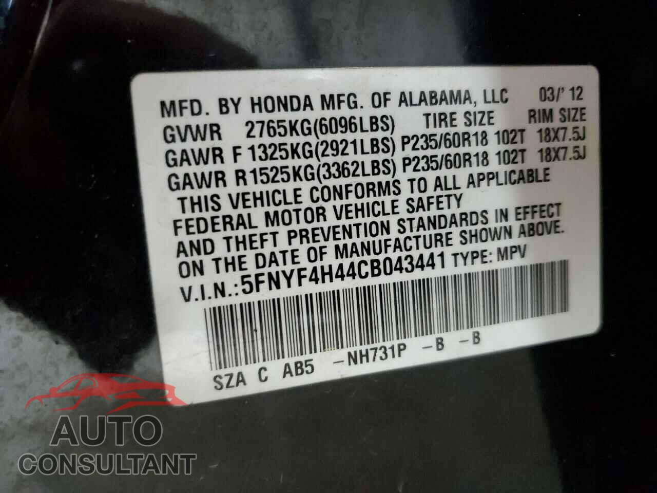 HONDA PILOT 2012 - 5FNYF4H44CB043441