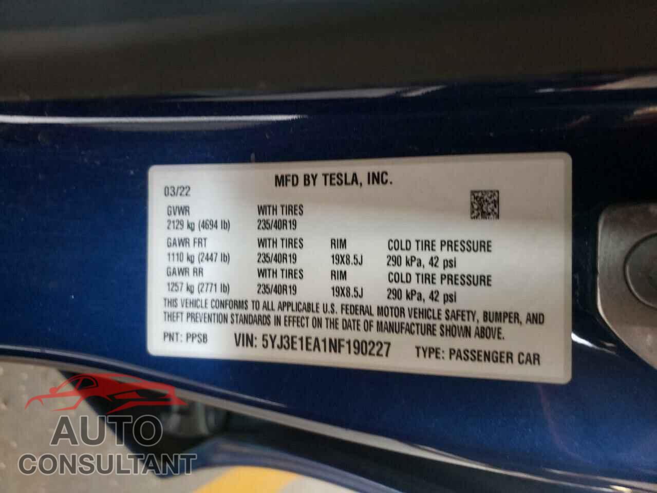 TESLA MODEL 3 2022 - 5YJ3E1EA1NF190227