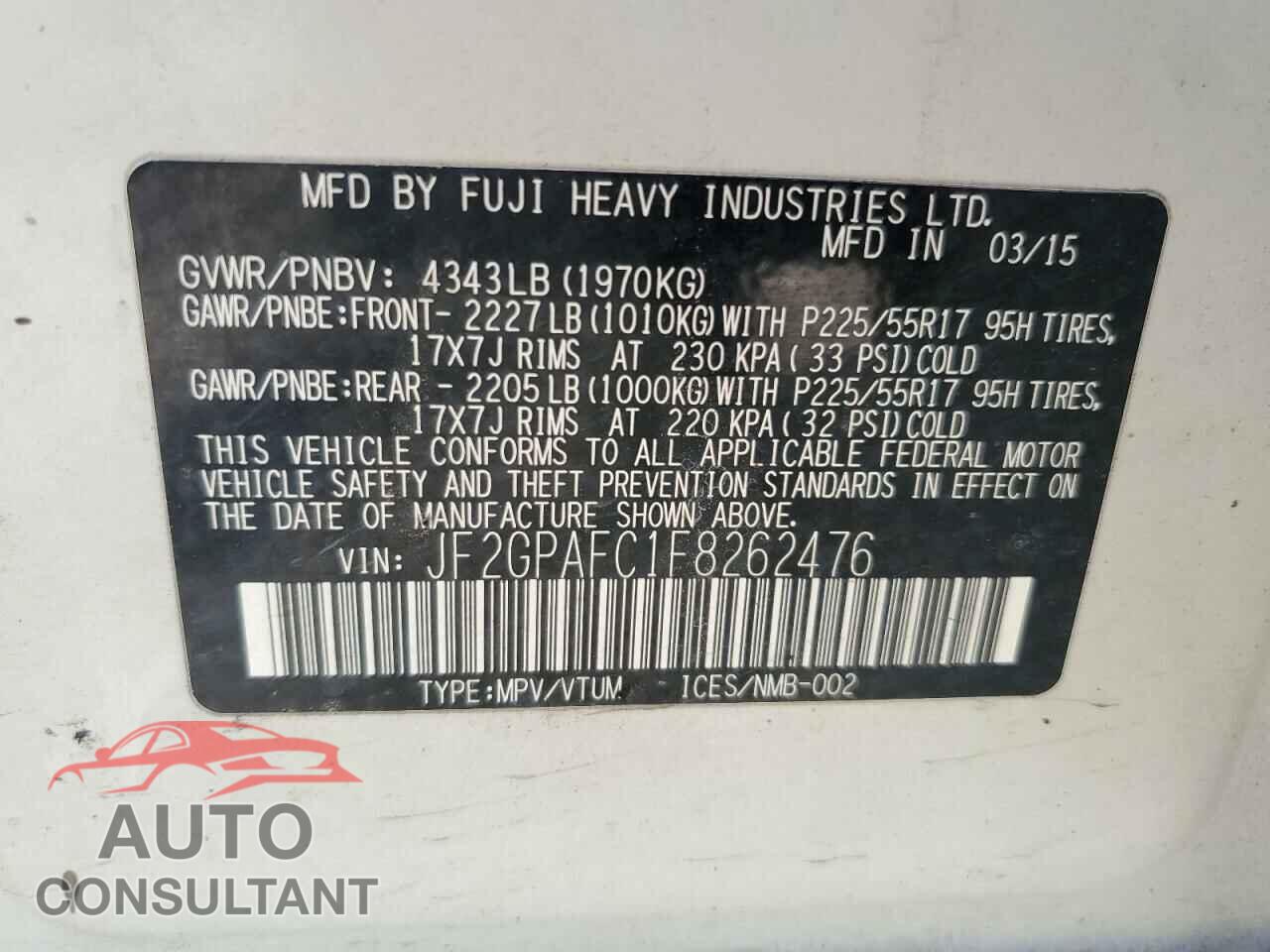 SUBARU XV 2015 - JF2GPAFC1F8262476