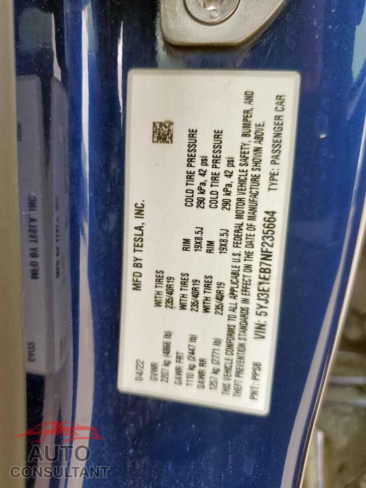 TESLA MODEL 3 2022 - 5YJ3E1EB7NF235664
