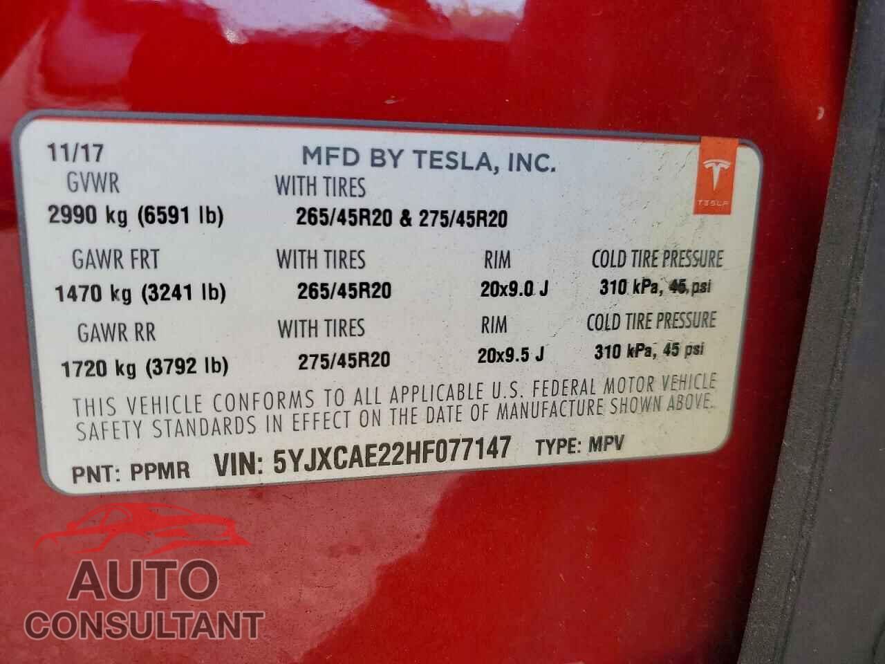 TESLA MODEL X 2017 - 5YJXCAE22HF077147