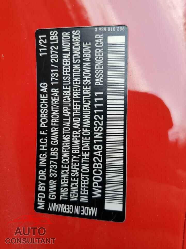 PORSCHE BOXSTER 2022 - WP0CB2A81NS221111