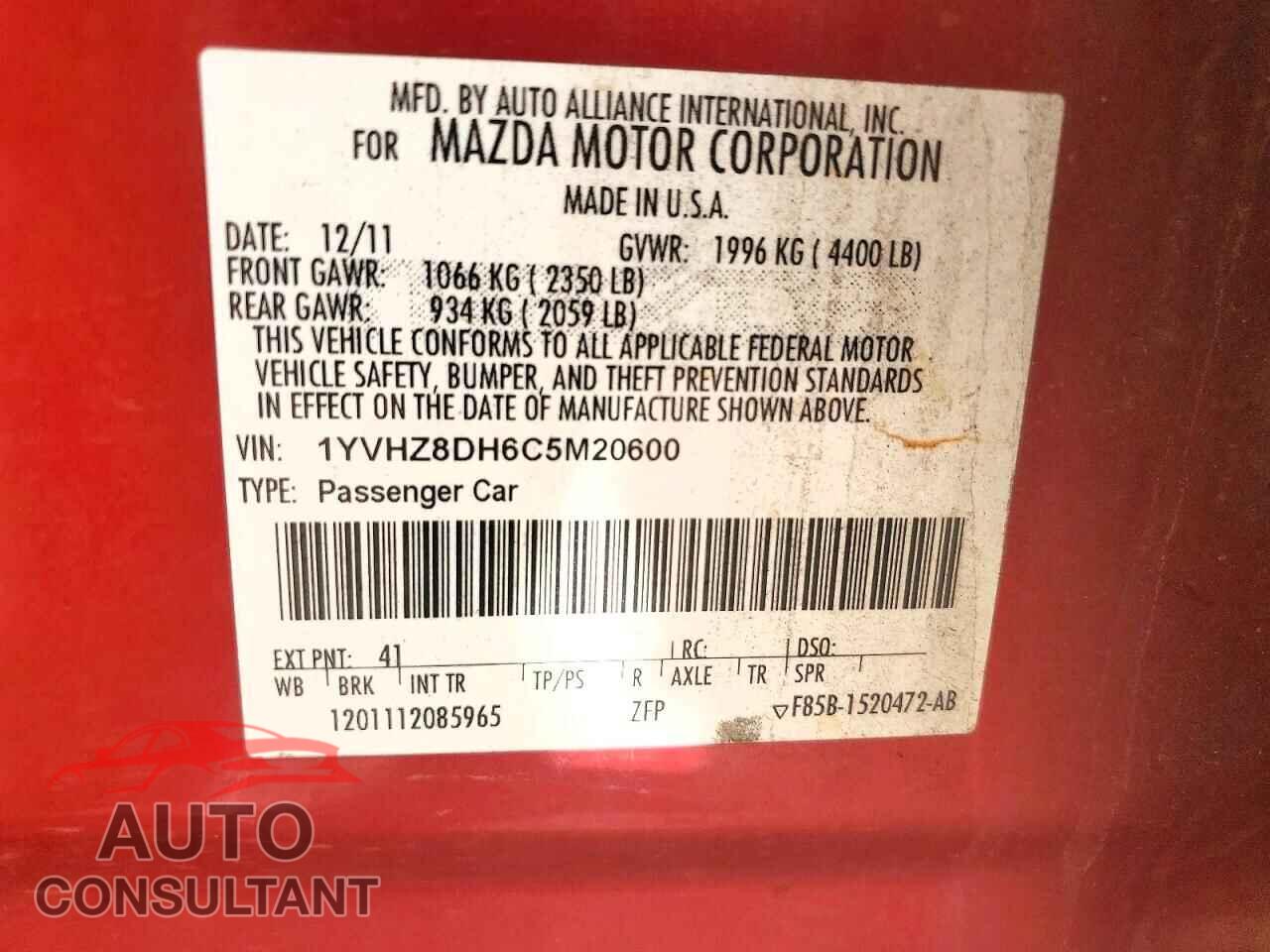 MAZDA 6 2012 - 1YVHZ8DH6C5M20600