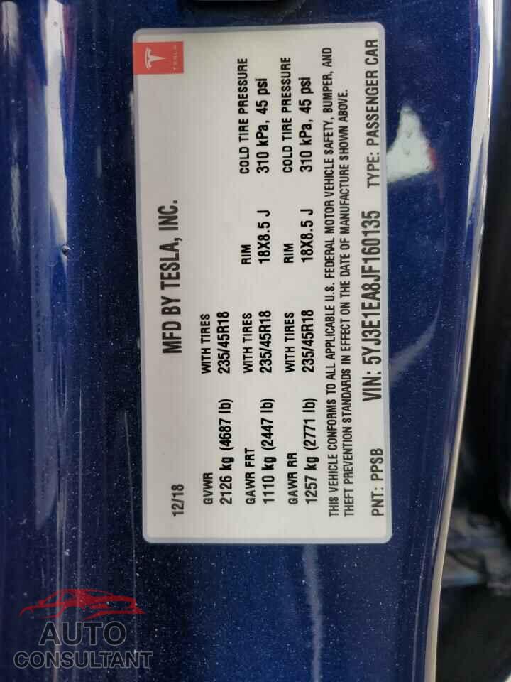 TESLA MODEL 3 2018 - 5YJ3E1EA8JF160135