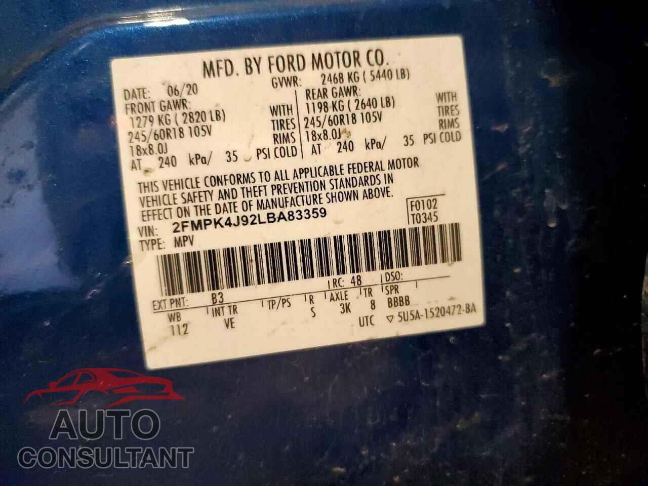 FORD EDGE 2020 - 2FMPK4J92LBA83359