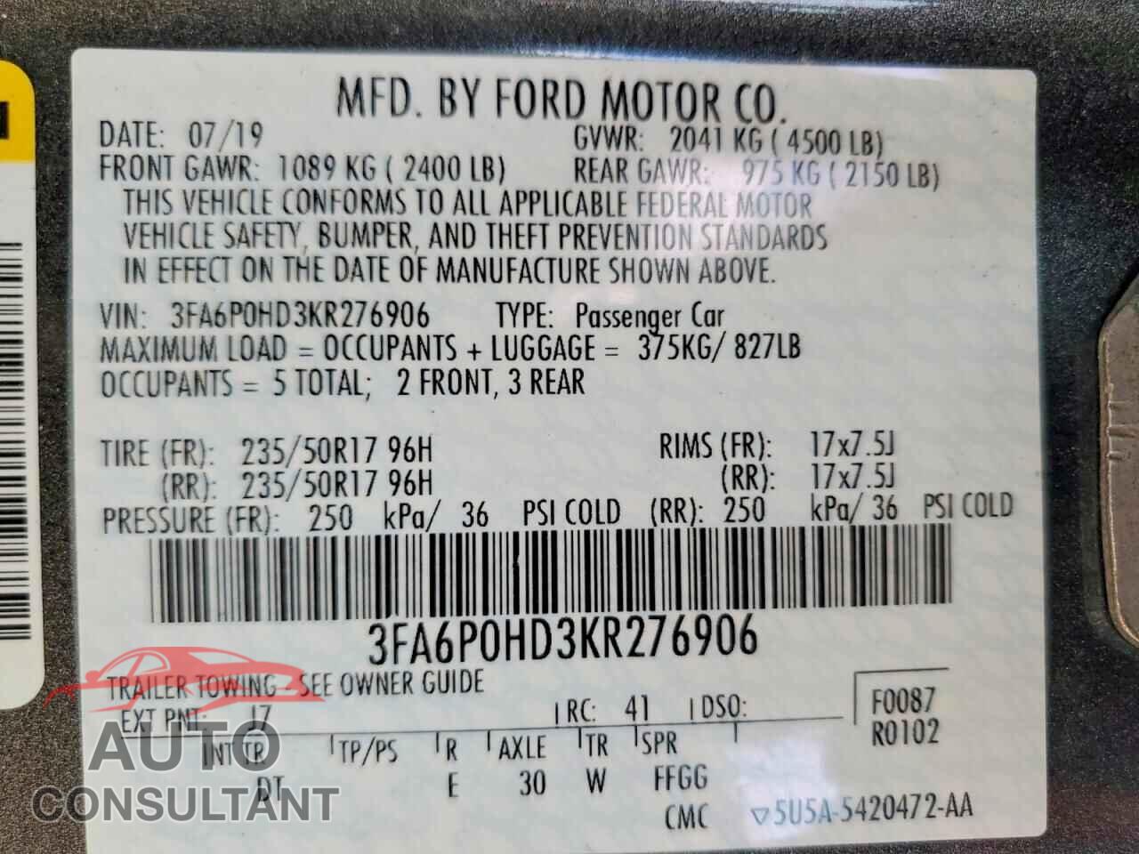 FORD ALL Models 2019 - 3FA6P0HD3KR276906