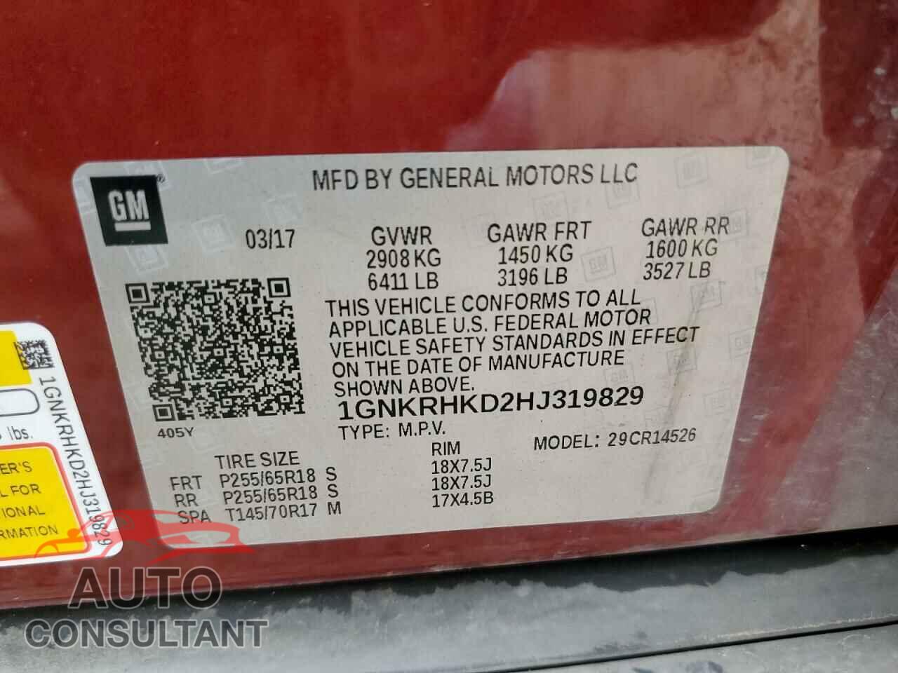 CHEVROLET TRAVERSE 2017 - 1GNKRHKD2HJ319829